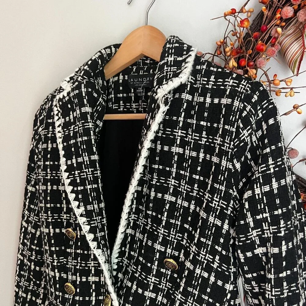 Laundry by Shelli Segal Womens Double Breasted Tweed Blazer XTRA-SMALL Black